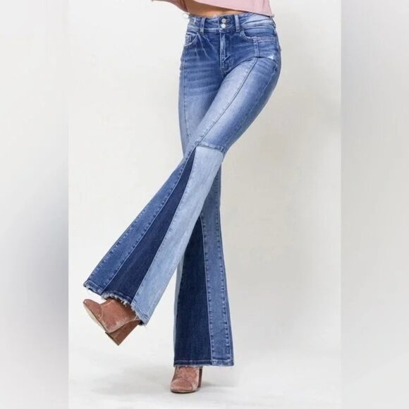 VERVET Bella Sz 25 Super Flare Bell Bottom Jeans Patchwork Boho Hippie 70s Retro - Picture 1 of 14